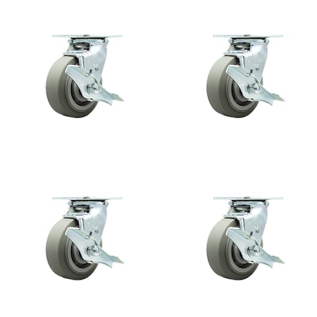 Service Caster 5 Inch Thermoplastic Rubber Swivel Caster Set with Roller Bearings and Brake SCC SCC-30CS520-TPRRF-TLB-4